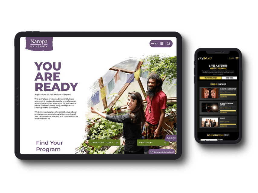 Smartphone and tablet dispaying Epic Devs' web design for Naropa University and Camunda.